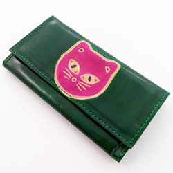 Portfel skórzany zielony, kot (duży, kopertówka, z przegródkami)