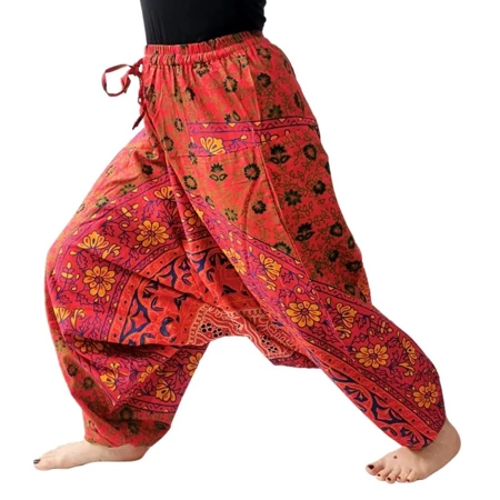 Szarawary spodnie alladynki haremki joga, czerwone wzory, bawełna Indie