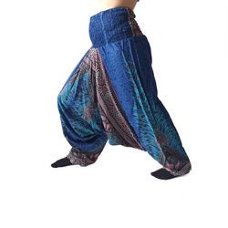 Szarawary spodnie cienkie alladynki niebieskie joga pióra Indie