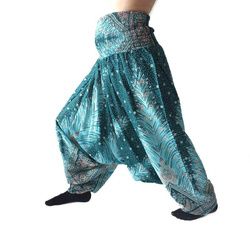 Szarawary spodnie cienkie alladynki turkusowe joga pióra Indie