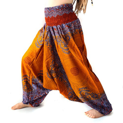 Szarawary spodnie pomarańczowo-lawendowe przewiewne (alladynki, do jogi, haremki Indie)