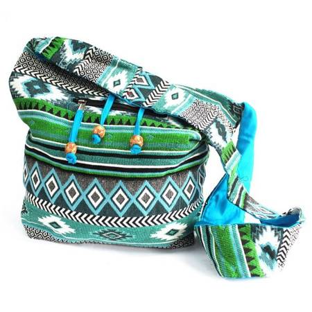  Duża torba na ramię żakardowa niebiesko-zielona z azteckim wzorem
