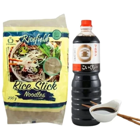  Makaron ryżowy 5 mm Ricefield 200g i ciemny sos sojowy Koikuchi 1L zestaw
