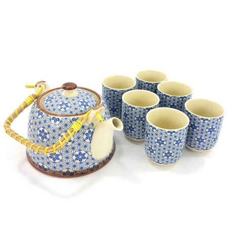 Cermiczny, niebieski zestaw do herbaty (imbryk+  6 czarek)