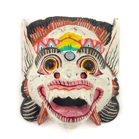 Drewniana maska z Wyspy Bali, biało - różowa  (Barong)