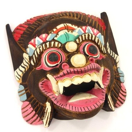 Drewniana maska z wyspy Bali  (Barong, brązowo - różowa) 23 cm 