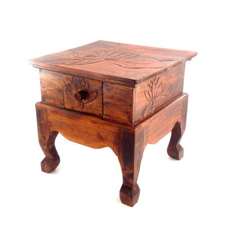 Drewniany stolik szafka nocna brązowa (szuflada, Indonezja, rzeźbiona, lotos) 