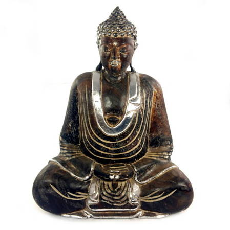 Figura Budda, drewniana brązowo - srebrna (Buddha, Indonezja) 43 cm