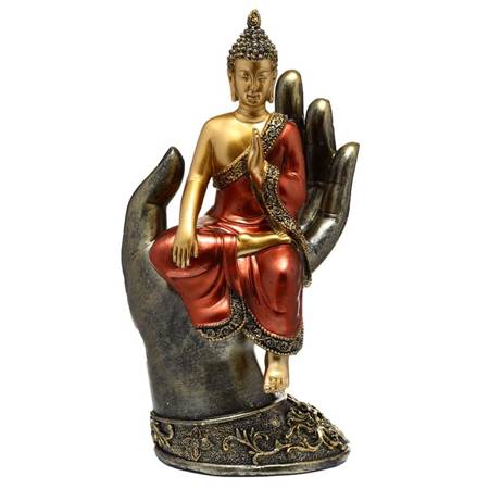 Figurka Tajski Budda siedzący na dłoni, złoto-czerwony, 24cm