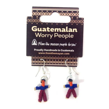 Kolczyki laleczki na smuteczki worry dolls granatowo-bordowe (Gwatemala, rękodzieło)