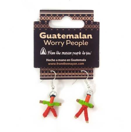 Kolczyki laleczki na smuteczki worry dolls zielono-czerwone (Gwatemala, rękodzieło)
