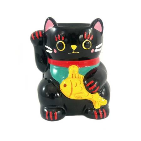 Kominek na olejek zapachowy, ceramiczny Maneki Neko czarny (aromaterapia, kot)