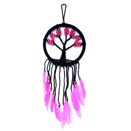 Łapacz snów drzewo życia czarno - różowy (pióra, koraliki 16cm)
