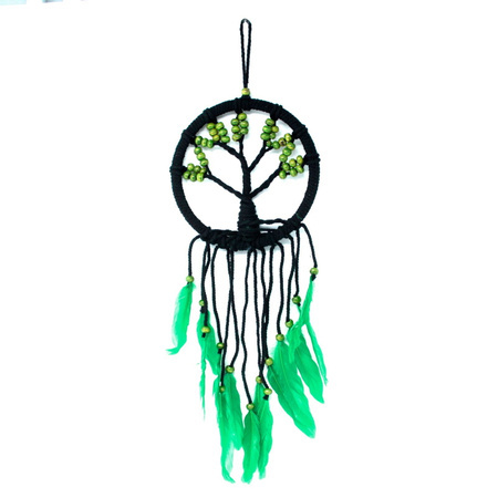 Łapacz snów drzewo życia zielono-czarny (pióra, koraliki 16cm)