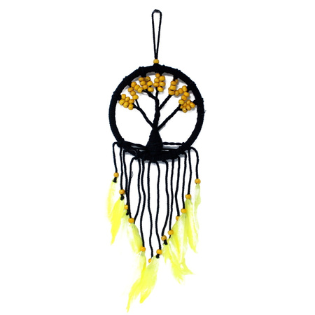 Łapacz snów drzewo życia żółto-czarny (pióra, koraliki 16cm)