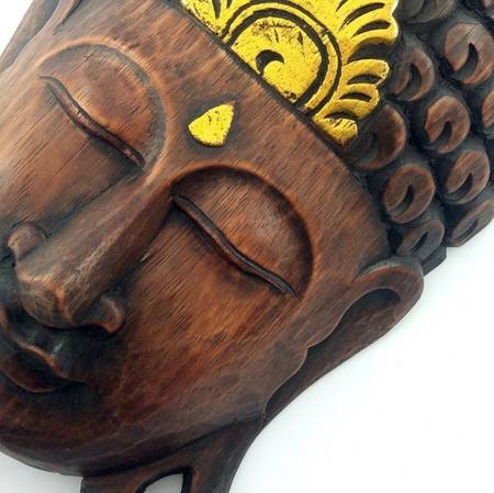 Maska Budda brązowo- złota 40cm (drewno, rzeźba,  Indonezja)