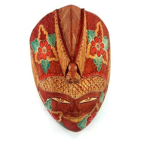 Maska czerwona kwiaty batik bali rękodzieło balsa 30cm