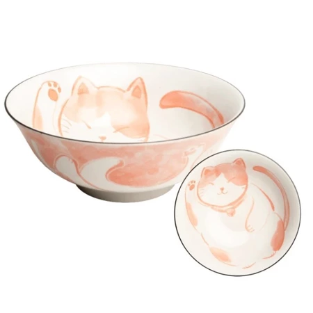 Miska do ramen, udon, biała z różowym kotem Neko Nishiki 19 cm