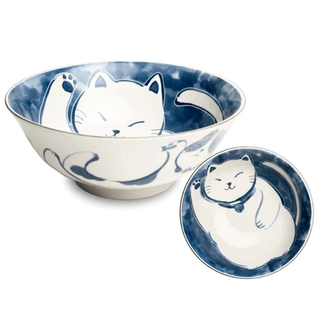 Miska do ramen, udon, niebieska z białym kotem Neko Nishiki 19 cm