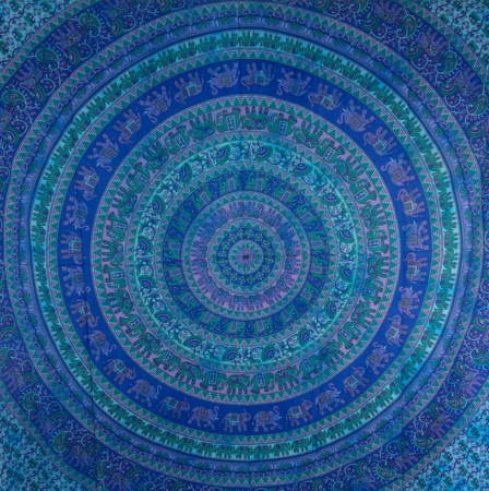 Narzuta na łóżko niebiesko-zielona mandala słonie (kapa 210x240, tkanina Indie)