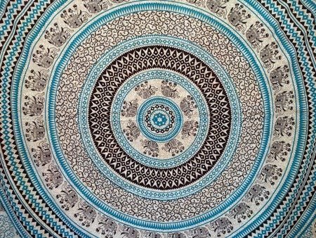 Narzuta na łóżko orientala beżowo- morska w słoniki (kapa, zasłona, Indie) 140 x 210 