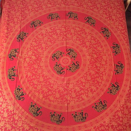 Narzuta na łóżko orientalna, słonie, czerwona (kapa,obrus, zasłona, tkanina z Indii 240 x 210cm)