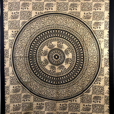Narzuta na łóźko słonie beżowo-czarna, okręgi (BATIK, Z INDII, 210x130cm)