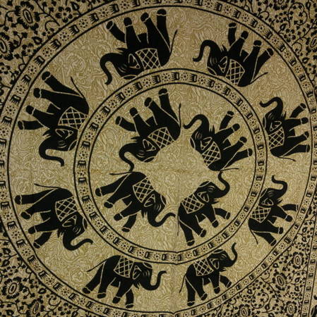 Narzuta na łóźko słonie beżowo-czarna, słonie (BATIK, Z INDII, 210x140cm)