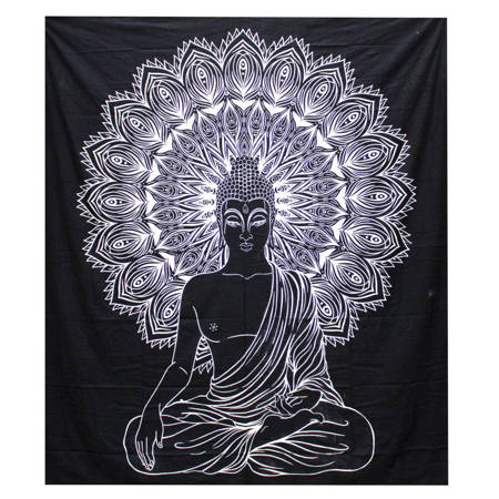 Narzuta orientalna czarno-biała Budda (Indie, kapa, zasłona 130x200)