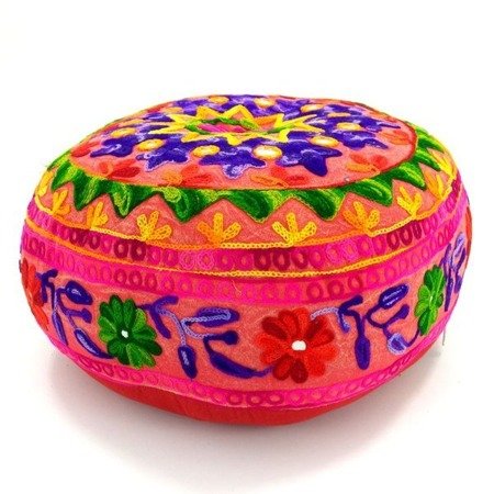 Orientalna pufa okrągła haftowana, czerwona (puf, etno, medytacja, Indie)