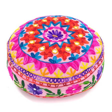 Orientalna pufa okrągła haftowana, różowa (puf, etno, medytacja, Indie)