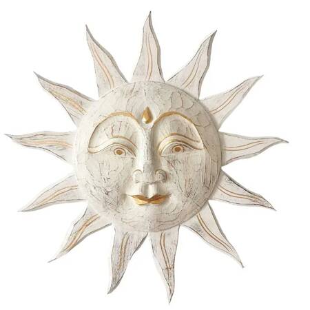 Ozdoba ścienna słońce, drewniana biało-złota 50 cm Indie