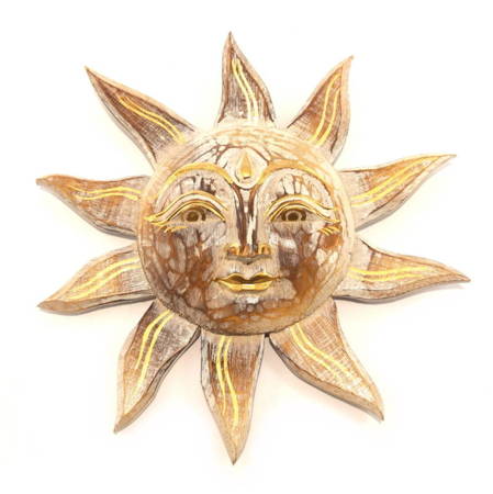 Ozdoba ścienna słońce, drewniana biało-złota krótkie promyki (Indie)