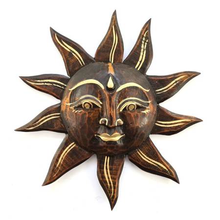 Ozdoba ścienna słońce, drewniana brązowo-złota krótkie promyki (Indie)