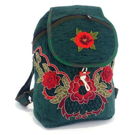 Plecak turecki kilimowy w kwiaty (zielony z ozdobnym guzikiem)