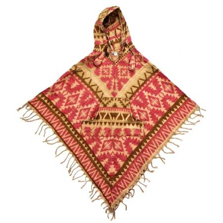 Ponczo indiańskie, ciepłe z frędzlami beżowo-różowe (narzutka, sweter)