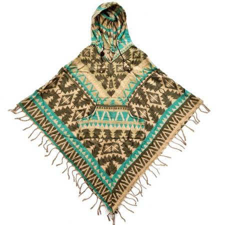 Ponczo indiańskie, ciepłe z frędzlami beżowo-turkusowe (narzutka, sweter)
