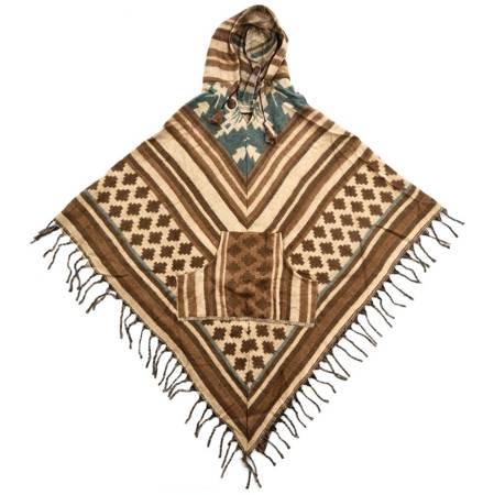 Ponczo indiańskie, ciepłe z frędzlami brązowe (narzutka, sweter)