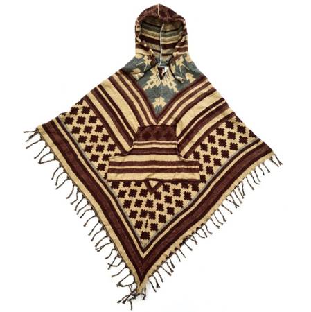Ponczo indiańskie, ciepłe z frędzlami brązowo-beżowe (narzutka, sweter)