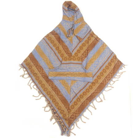 Ponczo indiańskie, ciepłe z frędzlami brązowo-błękitne (narzutka, sweter)