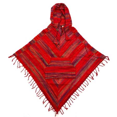 Ponczo indiańskie, ciepłe z frędzlami czerwono-niebieskie (narzutka, sweter)