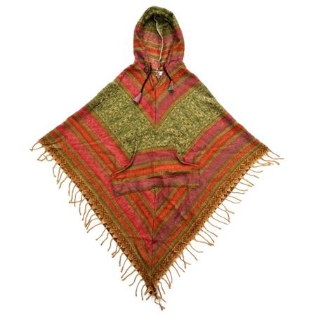 Ponczo indiańskie, ciepłe z frędzlami różowo-brązowe (narzutka, sweter)