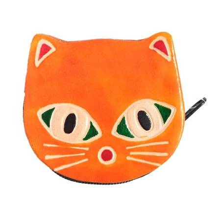 Portmonetka skórzana pomarańczowa kot (saszetka, orientalna, portfel)