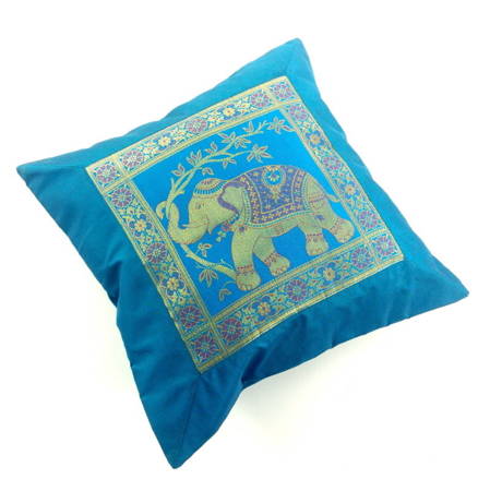 Poszewka na poduszkę, niebieska ze słoniem z Indii 40x40 orientalna