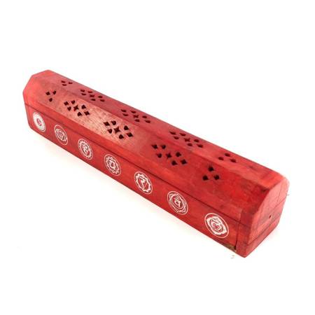 Pudełko, podstawka na kadzidełka czerwona, białe czakry (drewniane, kadzielnica 30cm)