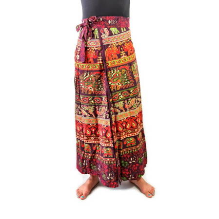 Spódnica bordo, batik (wiązana, bawełna, słonie i pawie)