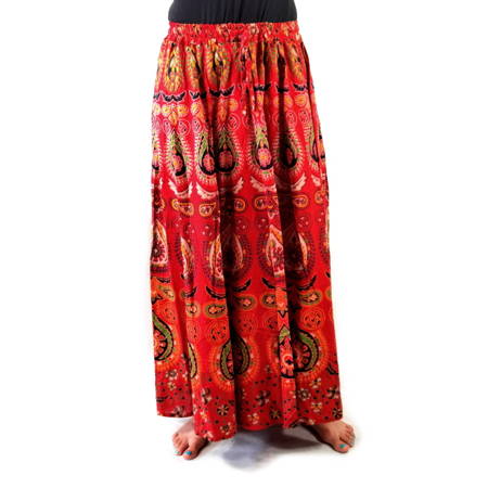 Spódnica czerwona, batik (na gumce, bawełna, zielone pawie oczka)
