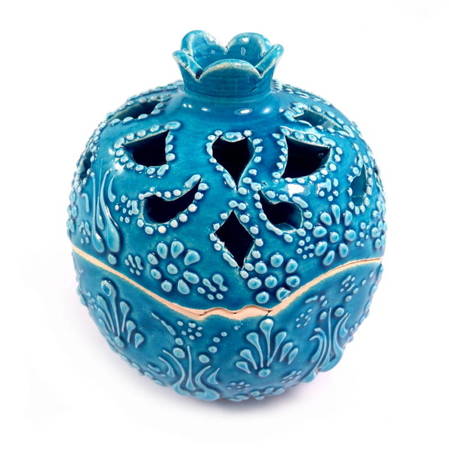 Świecznik jabłko, niebieski zdobiony (z przykrywką, ceramiczny, orient)