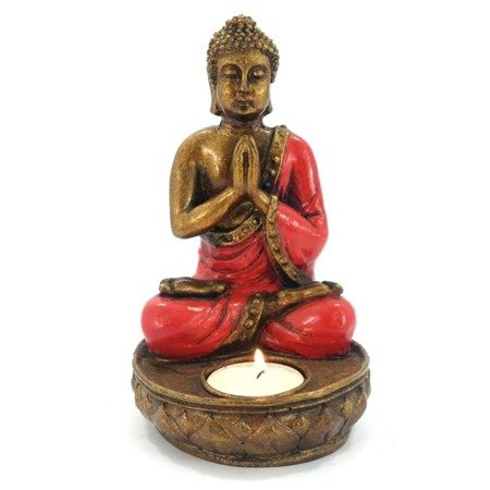 Świecznik medytujący Budda w czerwonej szacie (Buddha, tealight), 17 cm