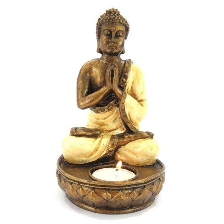 Świecznik medytujący Budda w kremowej szacie (Buddha, tealight), 17 cm 